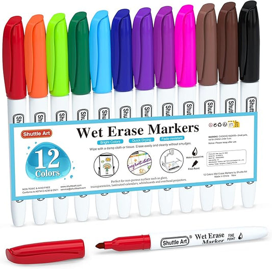 Shuttle Art Wet Erase Markers, 12 Colors 1mm Fine Tip Overhead Projectors Transparency Smudge-Free Markers, Works for Laminated Calendars Whiteboard Schedule Glass, Wipe with Water-DeskLoop Office