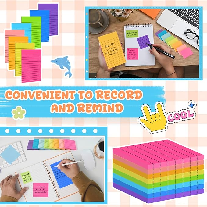 Leinuosen 64 Pack Lined Sticky Notes Self Stick Notes with Lines Bright Assorted Colors Sticky Pad for Home Office Products Post Memos, 2560 Sheets-DeskLoop Office