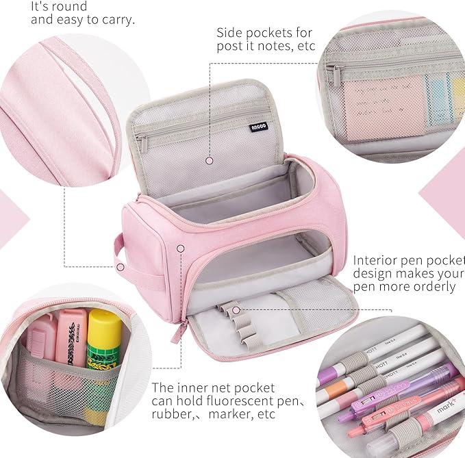 HVOMO Big Capacity Pencil Case High Large Storage Pouch Marker Pen Case Travel Simple Stationery Bag School College Office Organizer for Teens Girls Adults Student(Pink)-DeskLoop Office