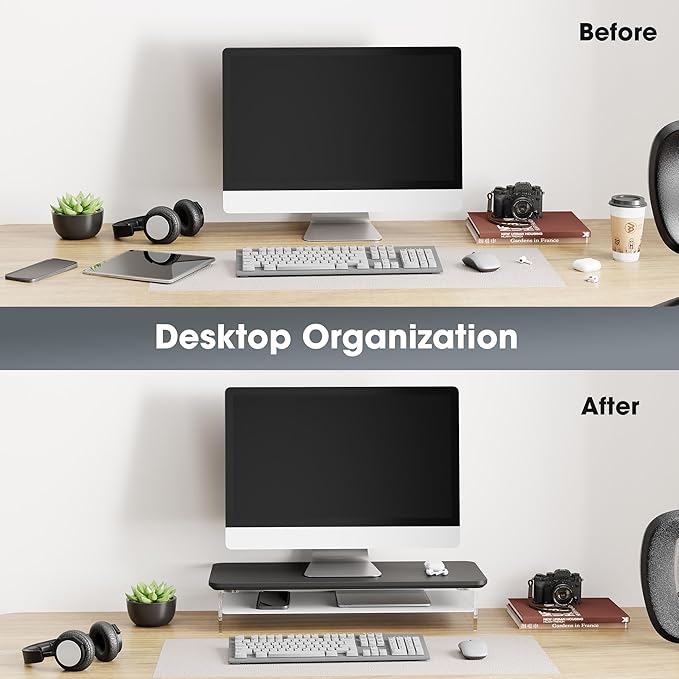 Fenge Acrylic Monitor Stand Riser, 23.6 Inches Monitor Stand with Metal Storage, 2 Tier Acrylic Computer Riser for Desk, Clear Laptop Stand for PC, Laptop, Printer, TV-DeskLoop Office