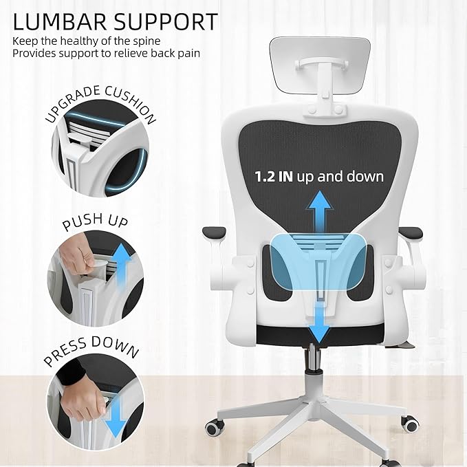 Ergonomic Office Chair, High-Back Mesh Computer Desk Chair with Adjustable Height, Lumbar Support, Flip-Up Armrests,headrest,and Swivel Rolling Design for Home and Office Use