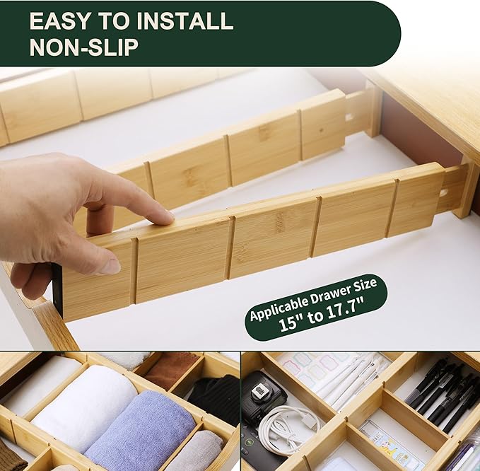 Utoplike 4 PCS Bamboo Kitchen Drawer Dividers with Inserts(Fits 15"-17.7" Drawer Inner Size), Adjustable Drawer Organizers for Socks, Spring Loaded, for Bedroom, Dresser, Bathroom-DeskLoop Office