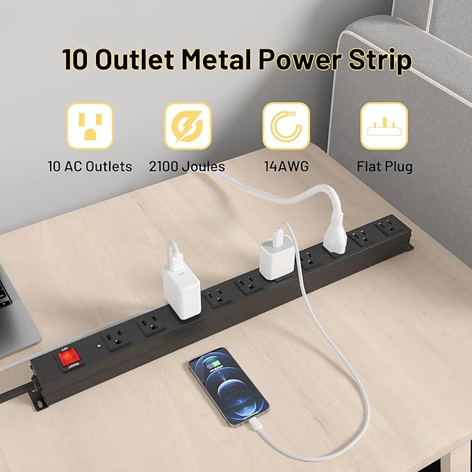 KF 10 Long Power Strip, Heavy Duty Surge Protector with 2100J, 15A/1875W Wall Mount Power Strip with Upgraded Switch, 14AWG 8FT Cord-DeskLoop Office