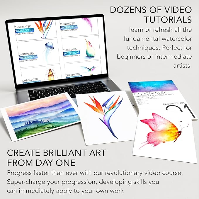 CHROMATEK 108 Watercolor Pens Set | Including 15 Page Pad & Online Video Tutorial Series | 5 Aquapens & 100 Unique Colors | Real Brush Pens | Easily Blendable, Vivid and Smooth-DeskLoop Office