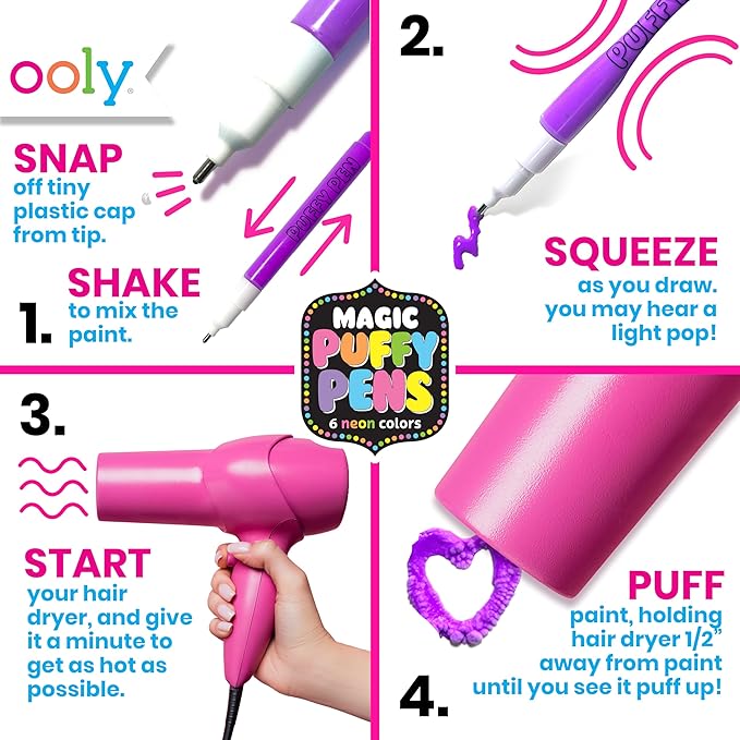 Ooly Puffy Paint Neon Gel Pens Set of 6 & Sketchbook Bundle, 3D Foam Texture Painting Magic Puffy Pen, Creative and Fun Pens for Kids Arts and Crafts Drawing Supplies-DeskLoop Office