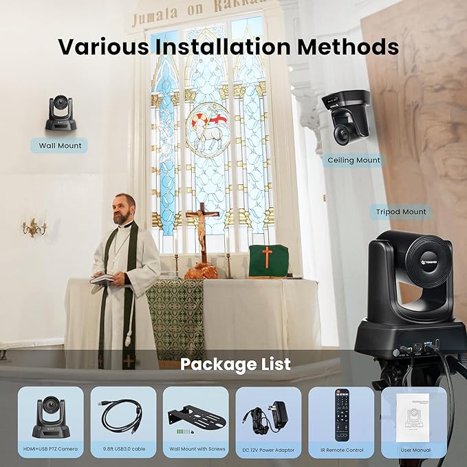Conference Room PTZ Camera System with 20X Optical Zoom | 1080P 60fps HDMI USB Webcam for Church Streaming Online Video Conference| Compatible with Zoom, OBS | Easy Setup-DeskLoop Office