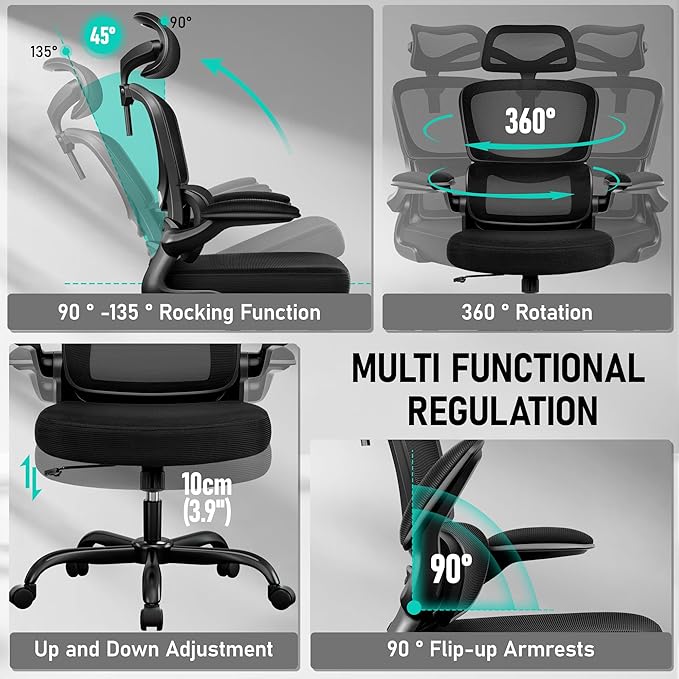 High Back Ergonomic Office Chair, Breathable Mesh Desk Chair with Lumbar Support, Adjustable Headrest, Flip-up Armrests, Computer Gaming Chair-DeskLoop Office