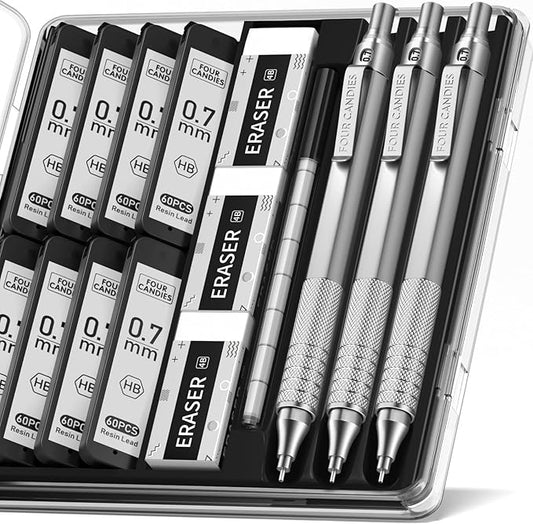 Four Candies 0.7mm Mechanical Pencil Set with Case, 3PCS Metal Artist Lead Pencil with 8 Tubes (480PCS) HB Lead Refills, 3 Erasers, 9 Eraser Refills For Engineer Art Writing Drawing Drafting, Silver-DeskLoop Office