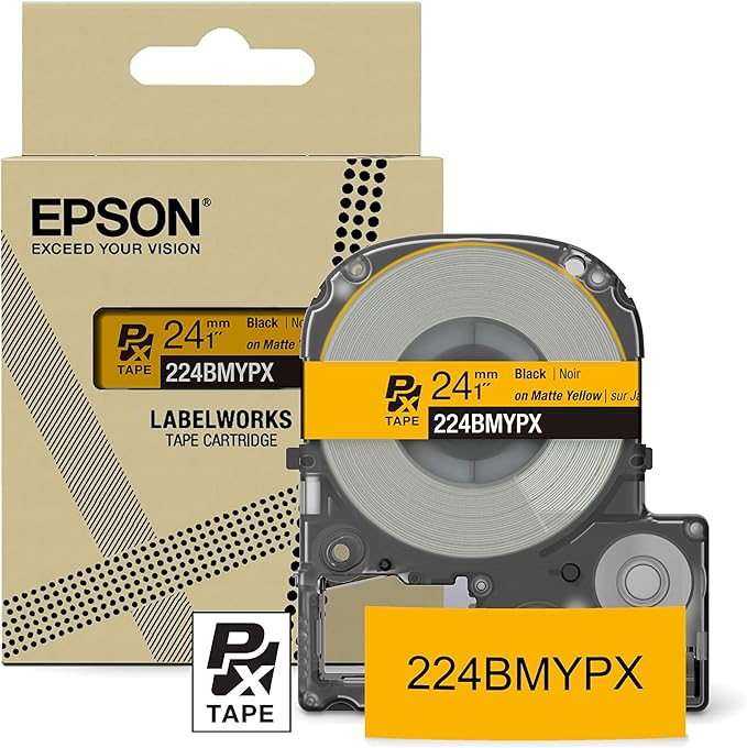 Epson LABELWORKS 224BMYPX Genuine PET (Polyester) Tape Cartridge - Black on Matte Yellow Designer Craft Label Maker Tape - 1" (24MM) Wide, 26'-DeskLoop Office