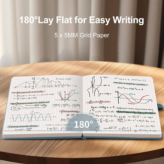 AHGXG Graph Paper Notebook - Grid Notebook Journal A5, 120 GSM Thick Graph Paper, 160 Pages, Leather Hardcover, for Graphing, Writing, Math, Engineering, 5.75'' × 8.38''- Gray Blue-DeskLoop Office