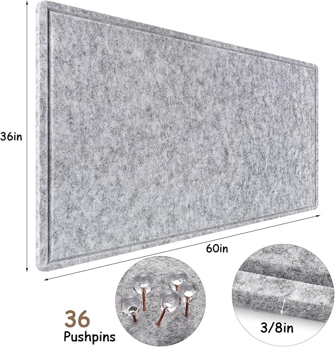 Large Bulletin Board, Foldable 60x36 Inches Cork Board Alternative, Large Felt Board Decorative Pin Board for Wall, Foldable Photo Board Self-Adhesive Vision Board with 36 Pushpins Light Gray-DeskLoop Office
