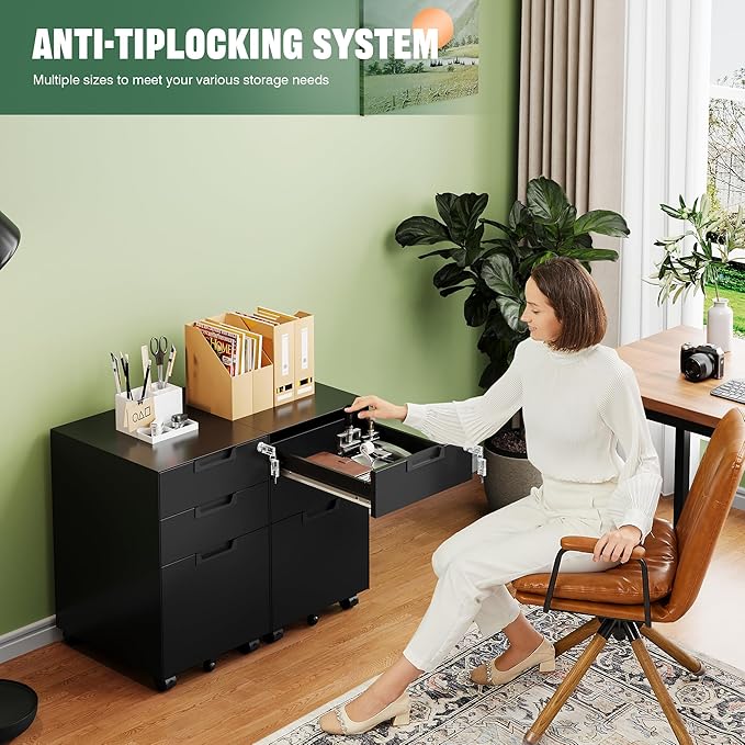 Letaya 3 Drawer Mobile File Cabinet with Lock,Under Desk Metal Small Filing Cabinets for Home Office Organizer Letters/Legal/A4(Fully Assembled Except Wheels-Black)-DeskLoop Office