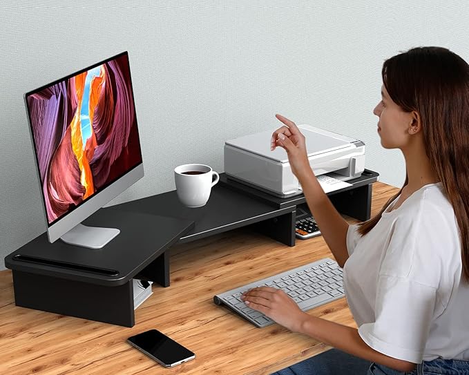 Zimilar Dual Monitor Stand Riser, Monitor Stand with Adjustable Length and Angle, Wood Monitor Stand for Desk, Monitor Riser for 2 Monitors with Storage Space-DeskLoop Office