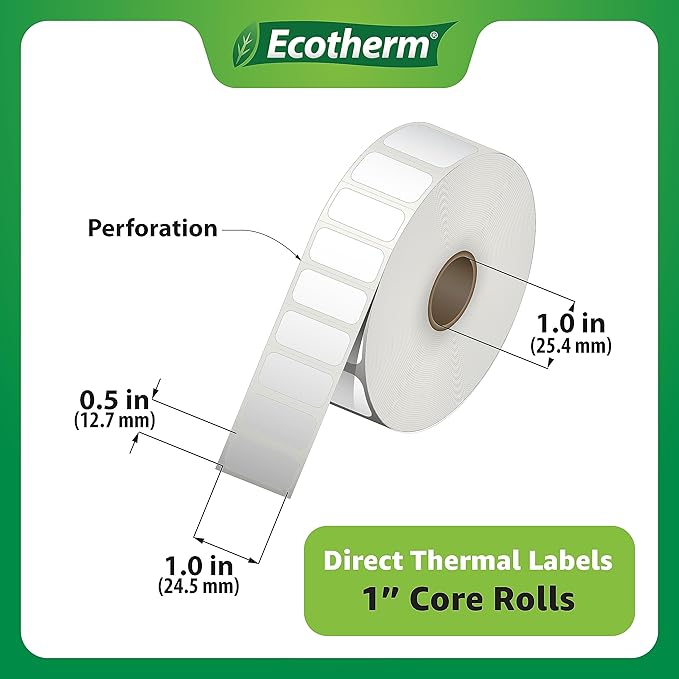 1" x .5" Thermal Labels | 4 Rolls | 9800 Labels | fits Zebra, Godex, Arkscan, iDPRT, Offnova Thermal Label Printers and More | Blank White Adhesive Stickers by Ecotherm-DeskLoop Office