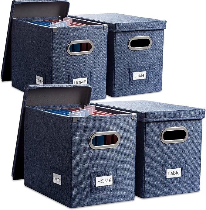 PRANDOM File Organizer Box - Set of 4 Collapsible Decorative Linen Filing Storage Hanging File Folders with Lids Office Cabinet Letter Size Navy Blue (14x9.3x10.8 inch)-DeskLoop Office