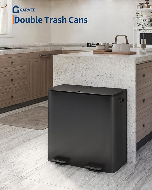 GarveeHome 2 x 10.6 Gallon Stainless Steel Double Trash Can with Lid for Kitchen, Large Dual Trash and Recycle Bin Combo, Step-on Kitchen Metal Garbage Cans, PP Inner Buckets, Liner Rim, Matte Black-DeskLoop Office