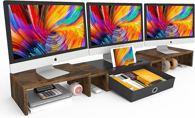 WESTREE Triple Dual Monitor Stand Riser with Drawer,Extra Large Adjustable for 2~3 Monitors,Solt for Phone & Tablet, Desktop Organizer Stand for Computer,Laptop,Printer,TV-DeskLoop Office