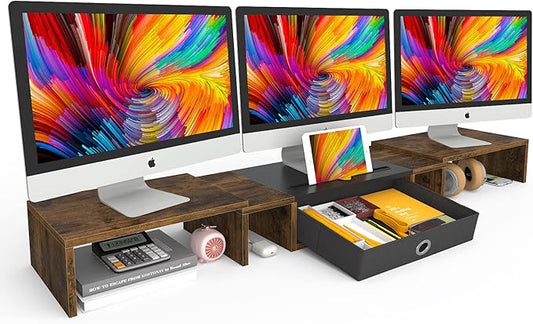 WESTREE Triple Dual Monitor Stand Riser with Drawer,Extra Large Adjustable for 2~3 Monitors,Solt for Phone & Tablet, Desktop Organizer Stand for Computer,Laptop,Printer,TV-DeskLoop Office