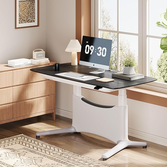 COLAMY Electric Adjustable Standing Desk – 48 x 28 Inch Sit Stand Desk with Drawer & Cable Management, Dual Motor Lift System, Ergonomic Footrest, Home Office Table (Veneer Desktop, Black Oak + White)-DeskLoop Office