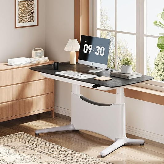 COLAMY Electric Adjustable Standing Desk – 48 x 28 Inch Sit Stand Desk with Drawer & Cable Management, Dual Motor Lift System, Ergonomic Footrest, Home Office Table (Veneer Desktop, Black Oak + White)-DeskLoop Office