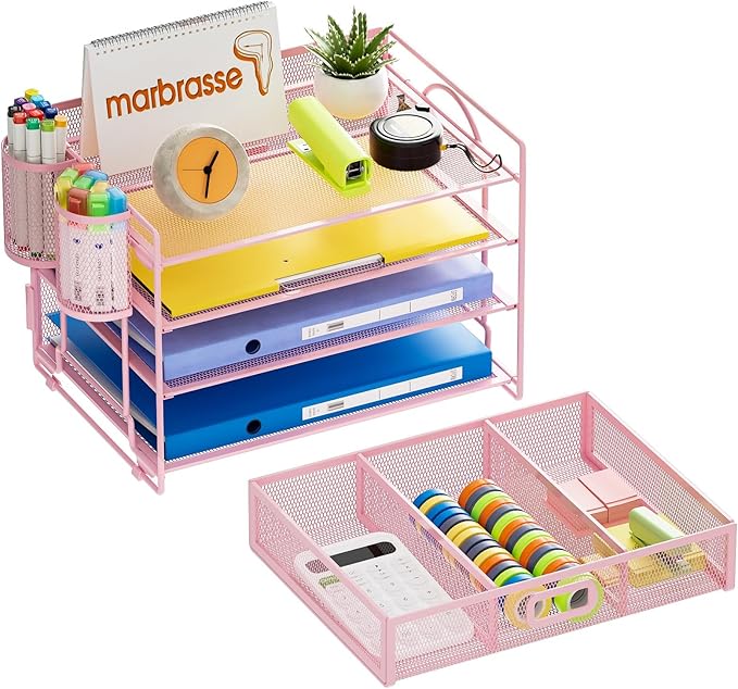 Marbrasse Desk Organizer and Accessories4-Tier Paper File Letter Tray Accessories & Workspace Desk Organizers with Drawer and 2 Pen Holders for School Home Office Supplies(Pink)-DeskLoop Office
