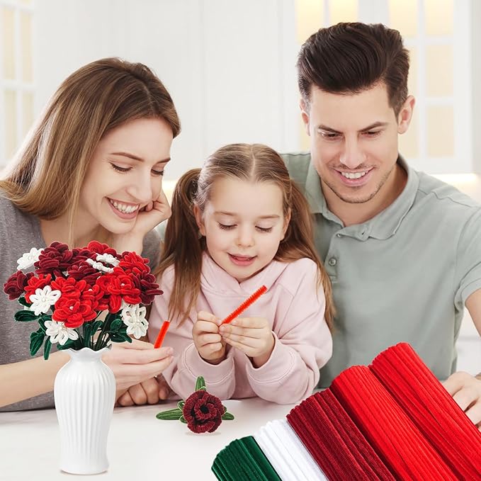 400 Pcs Red Pipe Cleaners for Crafts, 4 Colors Chenille Stems Bulk with Floral Wires, Gardening Tape,Hot Glue Stick,Greeting Card,Bouquet Paper, Pearl & Ribbon, Flowers Craft kit for Christmas-DeskLoop Office