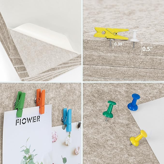 AKTOP Cork Bulletin Board 12x12, 1/2" Thick Felt Cork Board Tiles 12 Pack, Small Square Pin Board for Wall, Self Adhesive Corkboards with 120 Push Pin Wood Clips for School, Home & Office, Latte-DeskLoop Office