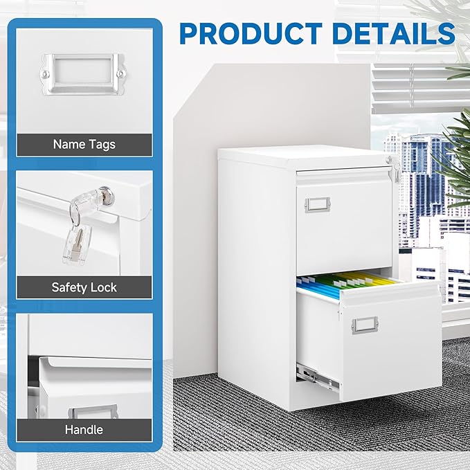 2 Drawer File Cabinet with Lock Metal Vertical Filing Storage Cabinet Office Home Steel Vertical File Cabinets for A4 Legal/Letter Size Narrow File Cabinet Locked,Assembly Required-DeskLoop Office