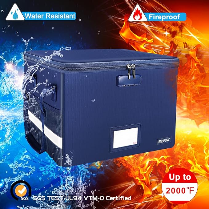 ENGPOW File Box with Lock, Fireproof Document Box with Pockets, Collapsible File Organizer Filing Storage Cabinet with Handle, Portable Home Office Safe for Hanging Letter/Legal Folders, Blue, 2 Pack-DeskLoop Office