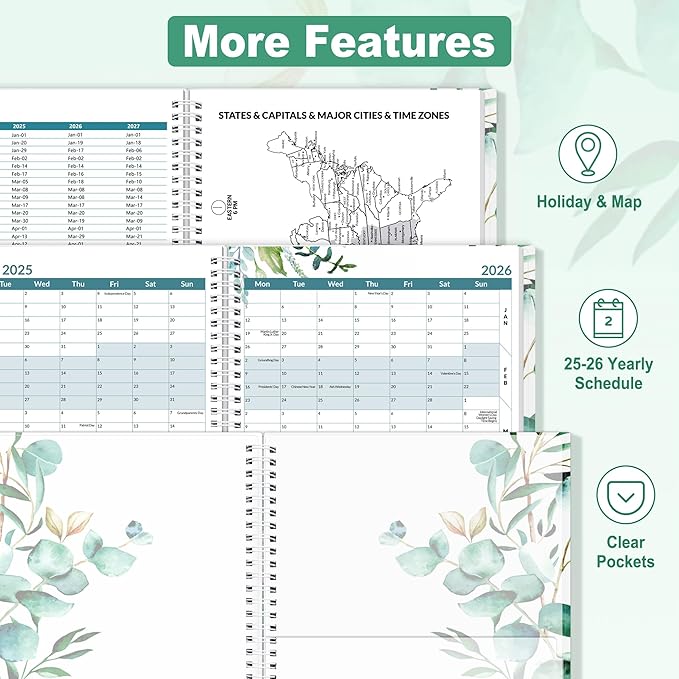 SUNEE 2025-2026 Appointment Book, Quarter-Hourly, Weekly & Monthly - from July 2025 to June 2026, 8.5"x11" Academic Planner, Flexible Cover, Note Pages, Bookmark, Spiral Binding, Leaves-DeskLoop Office