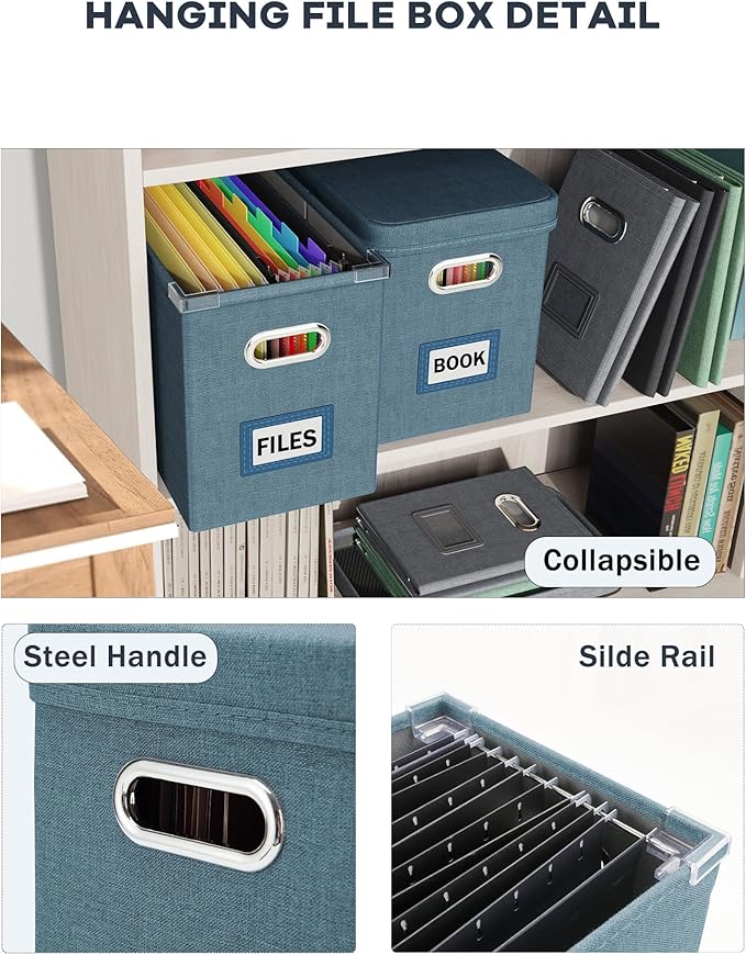 Oterri File Organizer with Lid, Hanging Filing Box with Mesh Pocket, Document Organizer for Letter Files, Portable Storage Box with Smooth Sliding Rail for Office&Home (2 PCS, Dark-blue)-DeskLoop Office