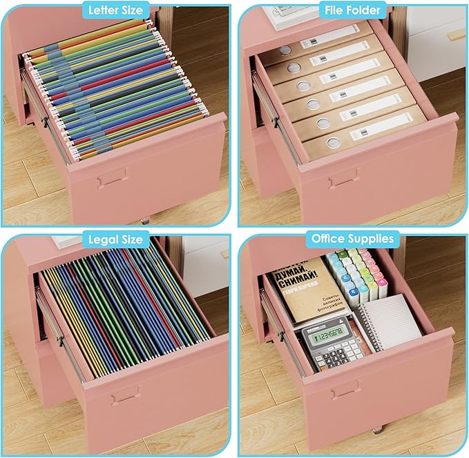 Aobabo 2 Drawer File Cabinet, Lockable Metal Filing Cabinet with Wheels for Home Office, Legal/Letter Size, Required Assembled,Pink-DeskLoop Office