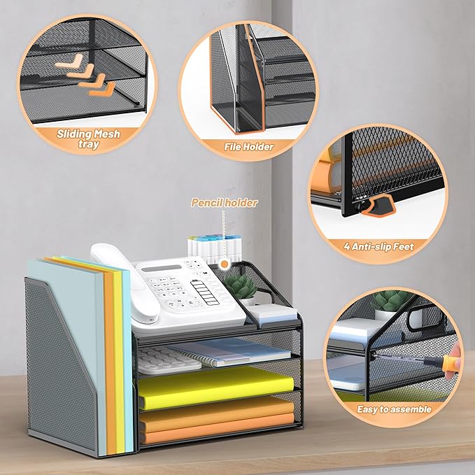 DocNest 4 Tier Paper Letter Tray File Organizer, Mesh Desk File with Handle, Workspace Desk Organizers with Pen Holder, Office Organization Storage Accessories - Black-DeskLoop Office