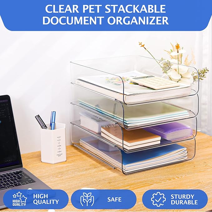 Set of 4 Office Organization and Storage, Clear PET Letter Tray Desk Organizer, Stackable Document and File Paper Organizer for Office Supplies-DeskLoop Office