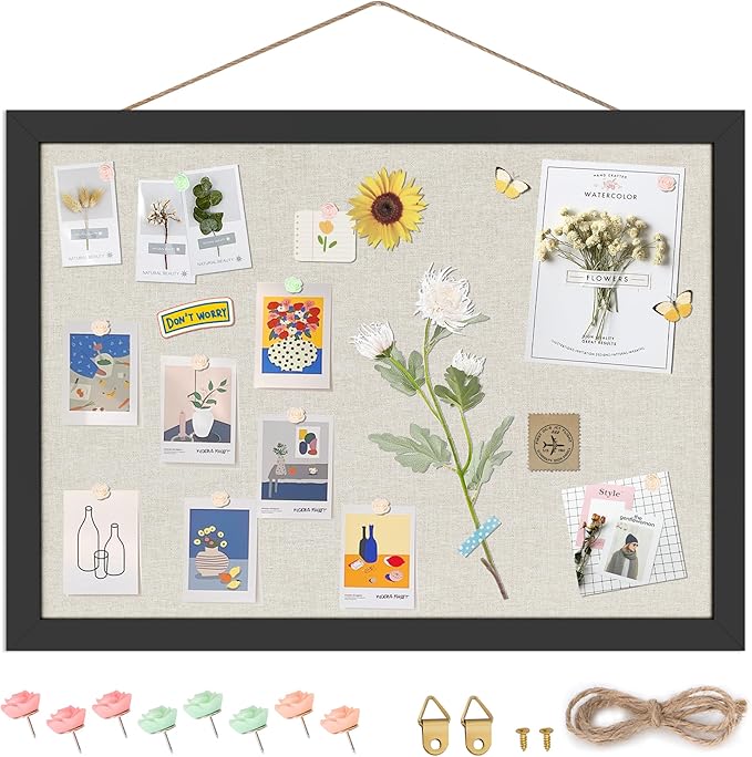 Cork Board Bulletin Board 16.7" x 11", Small Linen Corkboards with Frame for Walls, Cute Picture Display Pin Board Vision Board for Room School Office Bedroom 8 Pushpins Vintage Black-DeskLoop Office