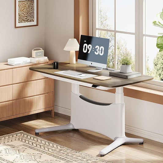 COLAMY Electric Adjustable Standing Desk – 48 x 28 Inch Sit Stand Desk with Drawer & Cable Management, Dual Motor Lift System, Ergonomic Footrest, Home Office Table (MFC Desktop, Walnut + White)-DeskLoop Office