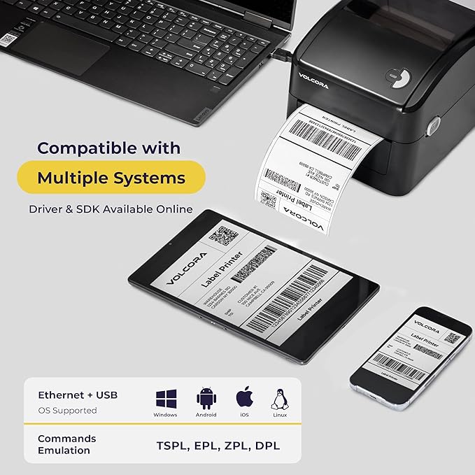 Volcora Thermal Label Printer with Ethernet/USB - Desktop 4x6 Shipping Label Printer, Compatible with Windows, Linux, Mac - Ideal for Small Business, Inkless Printer for Shipping Packages (Black)-DeskLoop Office