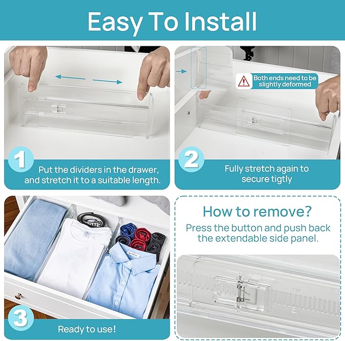 Vtopmart 18 Pack Drawer Dividers for Clothes, 4" High 10.2"-16.6" Adjustable Expandable Dresser Drawer Organizer, Clear Plastic Separators for Dresser, Baby Clothing, Underwear, Cosmetic, Toiletries-DeskLoop Office