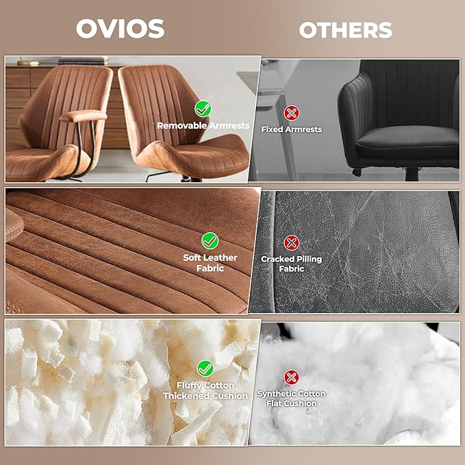 ovios Ergonomic Home Office Chair, Mid-Century Modern Faux Leather Chairs with Padded Armrests, Comfy Mid Back Swivel Rolling Executive Computer Armchair (Brown, Suede Leather)-DeskLoop Office