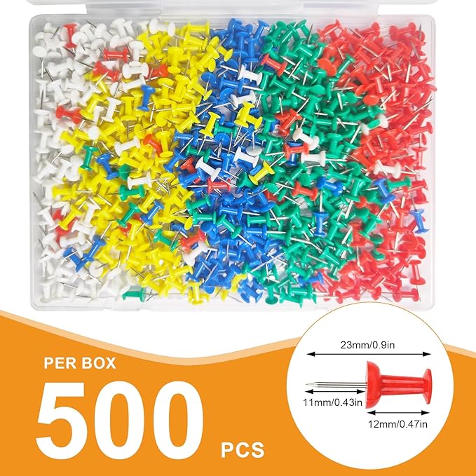 500 Pack Push Pins Tacks, Colored Map Push Pins, Plastic Head, Steel Point, Thumb Tacks for Cork Board, Bulletin Board, Map Pins, Photo Hanging Tacks at Homes, Schools and Offices-DeskLoop Office