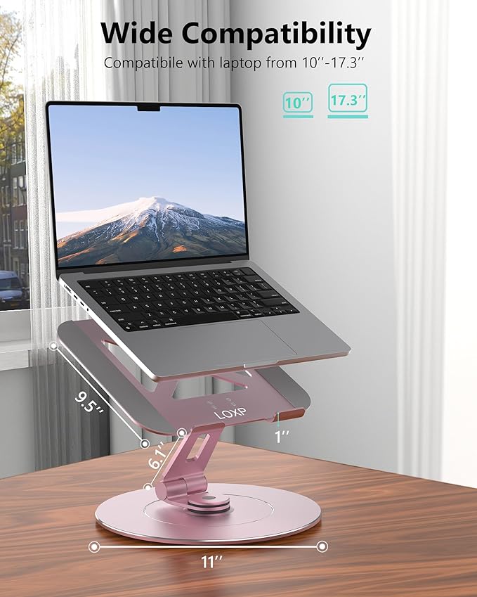 Ultra-Stable Swivel Laptop Stand for Desk, 300% Larger Base Stability, Military-Grade Aluminum, Height Adjustable Stylish Laptop Stand for Women, Suitable for 10"-17.3" Laptops Rose Gold