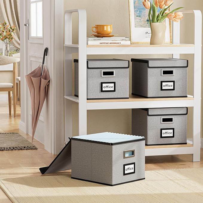 Huolewa Portable File Organizer Boxes Set of 4, Large Linen Hanging Office Document Storage Boxes with Lids, Collapsible Filing & Storage Boxes for Office/Decor/Home - 14.9 x 12.7 x 10.8 inch-DeskLoop Office