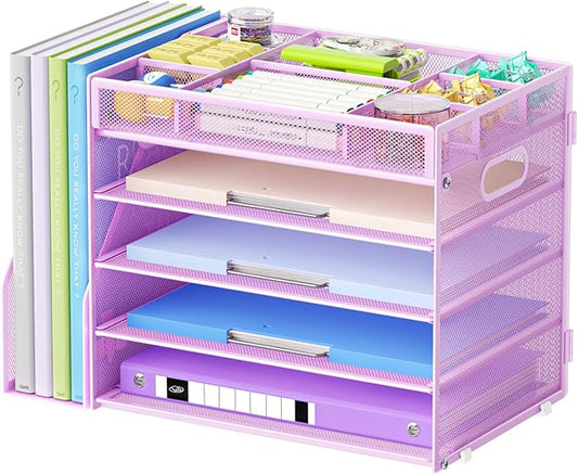 Marbrasse 5-Tier Desk Organizer with File Holder,Paper Letter Tray Organizer,Desktop File Organizer with Adjustable Compartments,Mesh Desk Organizers and Accessories for Office Supplies,Purple-DeskLoop Office