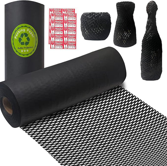 Honeycomb Packing Paper, HONSREO 15 Inches x 230 Feet Eco Friendly Recyclable Cushioning Material, Bubble Wrap for Moving Shipping Breakable Supplies with 20 Fragile Sticker Lables (Black)-DeskLoop Office