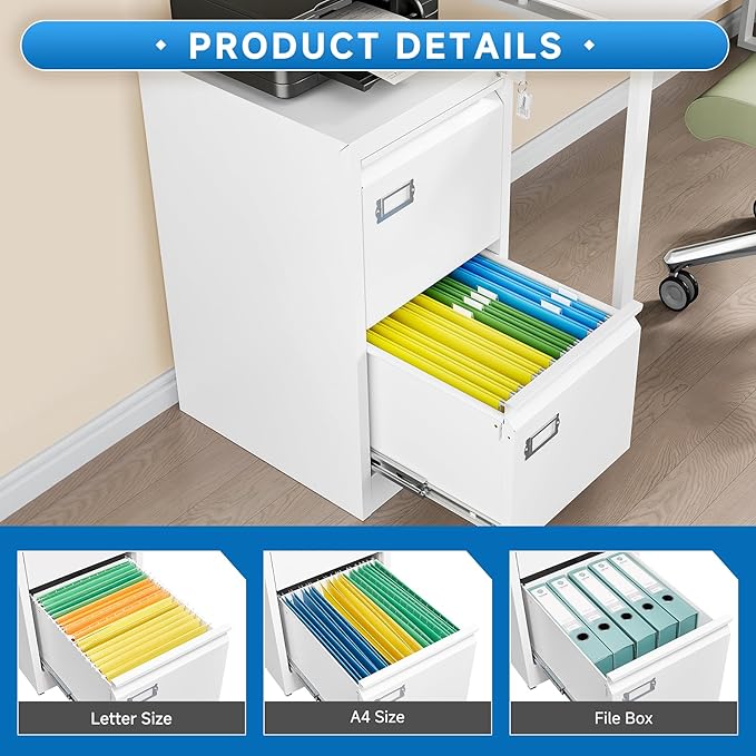 2 Drawer File Cabinet with Lock Metal Vertical Filing Storage Cabinet Office Home Steel Vertical File Cabinets for A4 Legal/Letter Size Narrow File Cabinet Locked,Assembly Required-DeskLoop Office