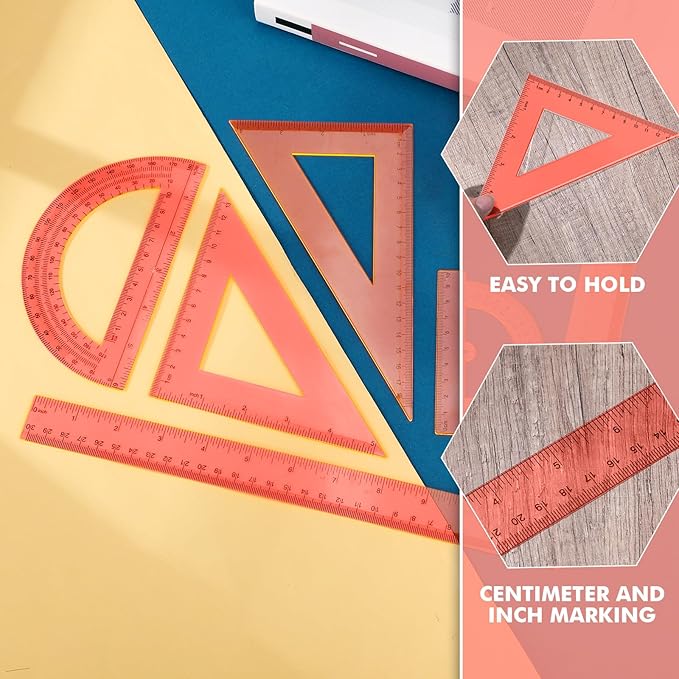 Tenare 6 Pcs Plastic Ruler Math Set Includes 12 Inch 6 Inch Straight Protractor Triangle Geometry Transparent Math Ruler Measuring Tools for School Office Home (Orange)-DeskLoop Office
