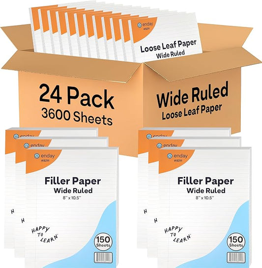 Loose Leaf Paper Bulk, 3600 Sheets, Wide Ruled (24 Pack) 150 Sheets Per Pack, 8" x 10.5" White Filler Paper, 3 Hole Punched Binder Paper for 3 Ring Binders, Notebook Paper - By Enday-DeskLoop Office