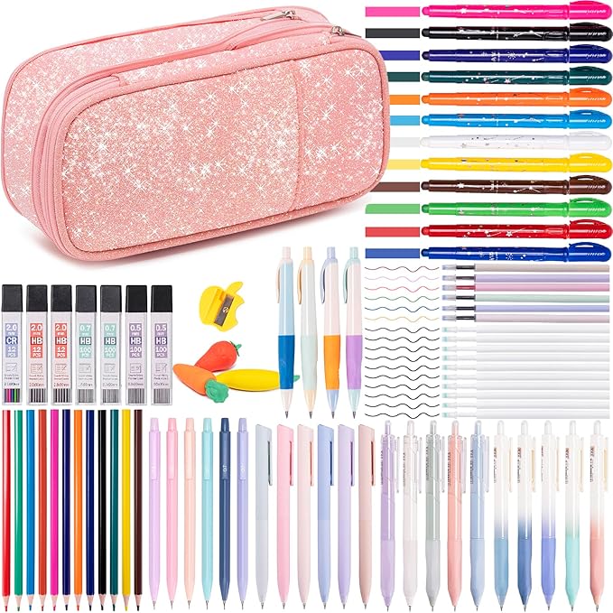 School Supplies Set for Teens Girls - Cute Pink Pencil Case, 10 Mechanical Pencils 0.5 0.7 2.0mm,12 Highlighters, 16 Pens, 452 Lead & Gel Refills Complete College Essentials, Drafting & Writing Kit-DeskLoop Office