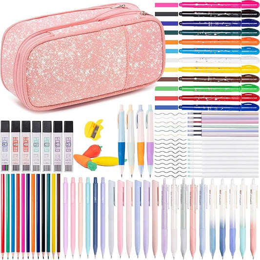 School Supplies Set for Teens Girls - Cute Pink Pencil Case, 10 Mechanical Pencils 0.5 0.7 2.0mm,12 Highlighters, 16 Pens, 452 Lead & Gel Refills Complete College Essentials, Drafting & Writing Kit-DeskLoop Office
