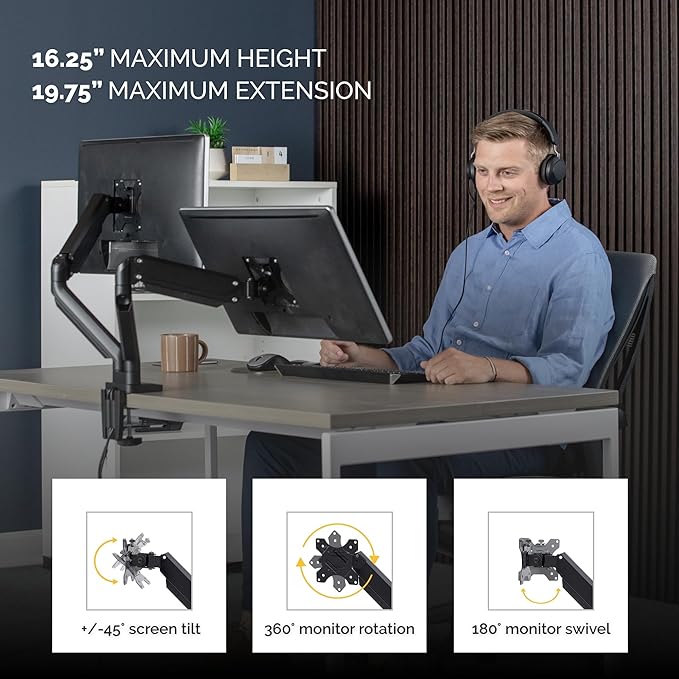 Fellowes Platinum Series Dual Monitor Arm for 40-Inch Monitors, Full Motion, 360° Rotation, VESA Mount with Grommet or Clamp, USB Ports, Ergonomic, Black, 8042501-DeskLoop Office